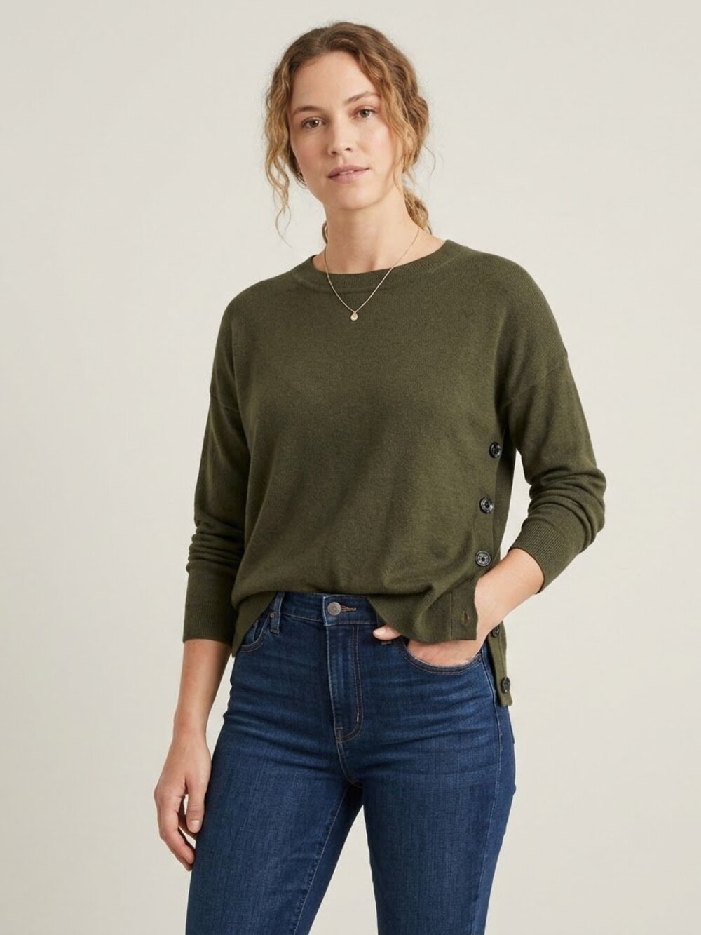 Boden - Olive Green - Side Button Crewneck Sweater – Women's Large